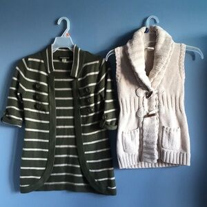 Set of 2 Love by design olive green & beige striped open cardigan & beige vest